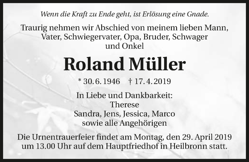  Traueranzeige für Roland Müller vom 20.04.2019 aus 