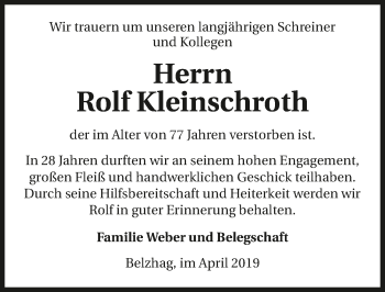 Traueranzeige von Rolf Kleinschroth 