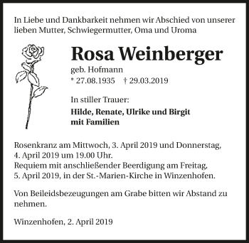Traueranzeige von Rosa Weinberger 