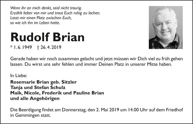  Traueranzeige für Rudolf Brian vom 30.04.2019 aus 