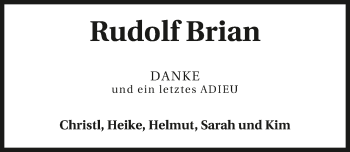 Traueranzeige von Rudolf Brian 