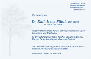 Traueranzeige von Ruth Irene Pillat 