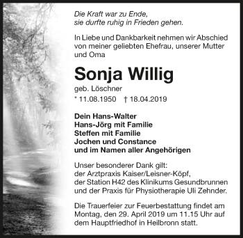 Traueranzeige von Sonja Willig 