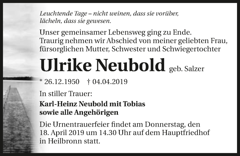  Traueranzeige für Ulrike Neubold vom 10.04.2019 aus 