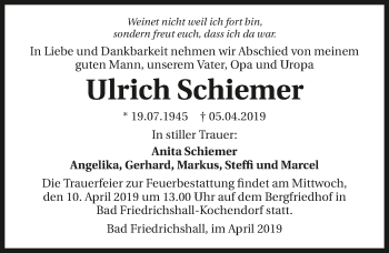 Traueranzeige von Urlich Schiemer 