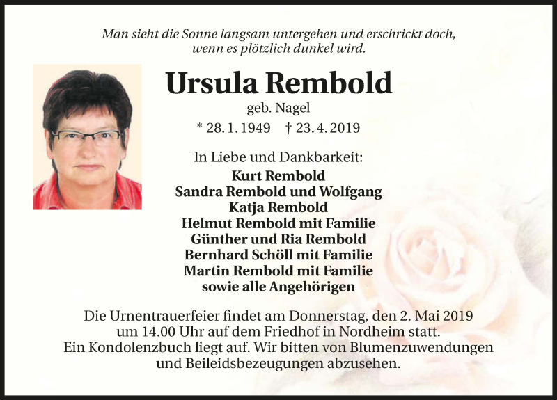  Traueranzeige für Ursula Rembold vom 27.04.2019 aus 