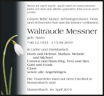 Traueranzeige von Waltraude Messner 