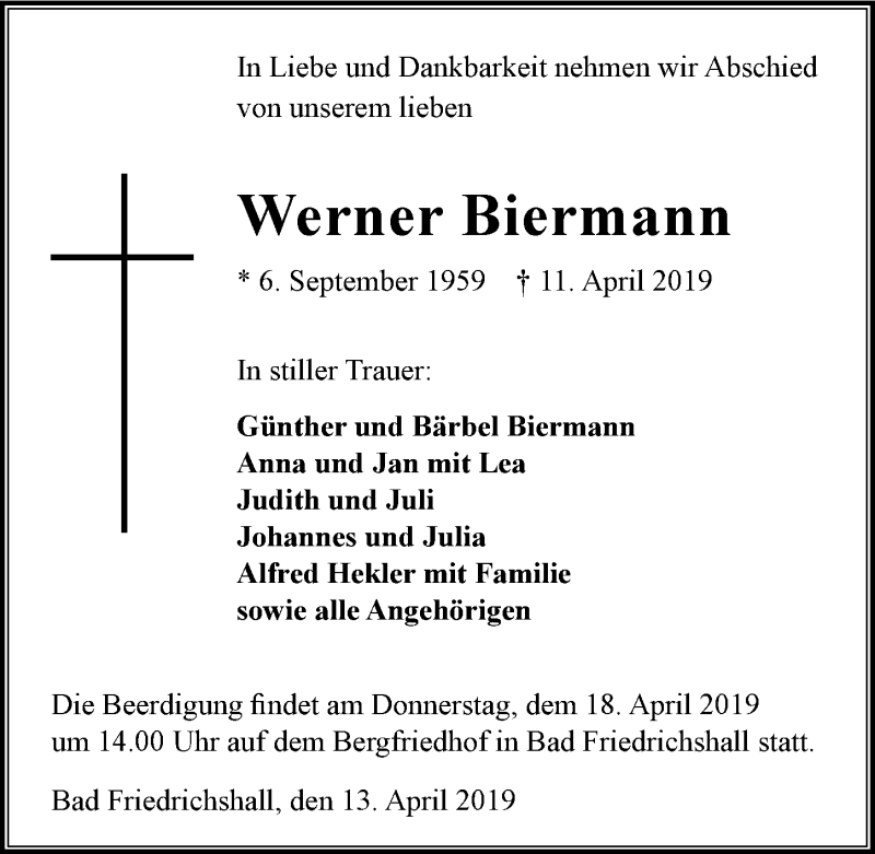  Traueranzeige für Werner Biermann vom 13.04.2019 aus 