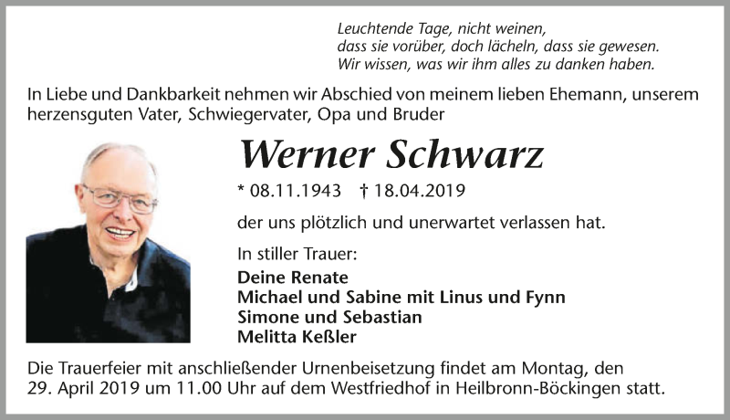  Traueranzeige für Werner Schwarz vom 24.04.2019 aus 