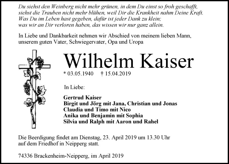  Traueranzeige für Wilhelm Kaiser vom 20.04.2019 aus 