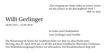 Traueranzeige von Willi Gerlinger 