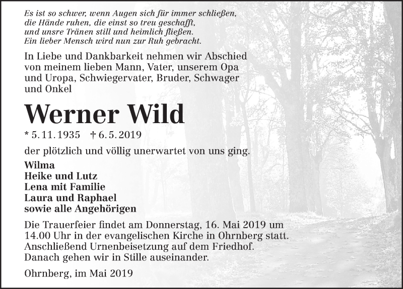  Traueranzeige für Werner Wild vom 11.05.2019 aus 