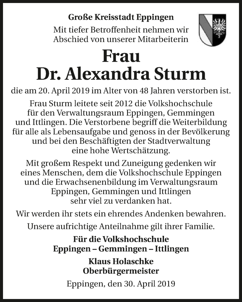 Traueranzeige für Alexandra Sturm vom 02.05.2019 aus 