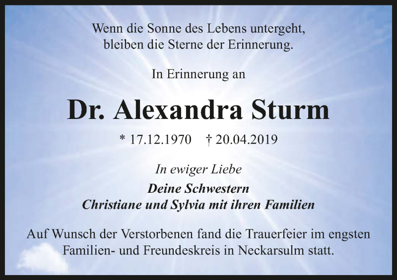  Traueranzeige für Alexandra Sturm vom 02.05.2019 aus 
