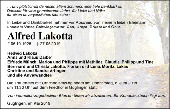 Traueranzeige von Alfred Lakotta 