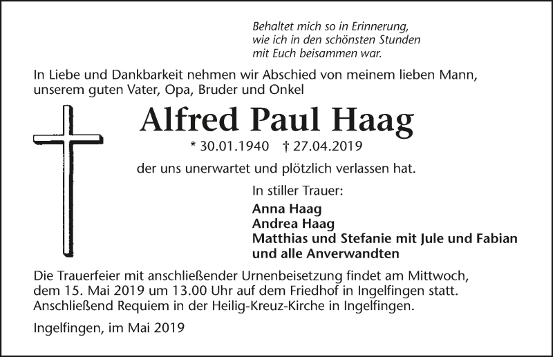  Traueranzeige für Alfred Paul Haag vom 04.05.2019 aus 