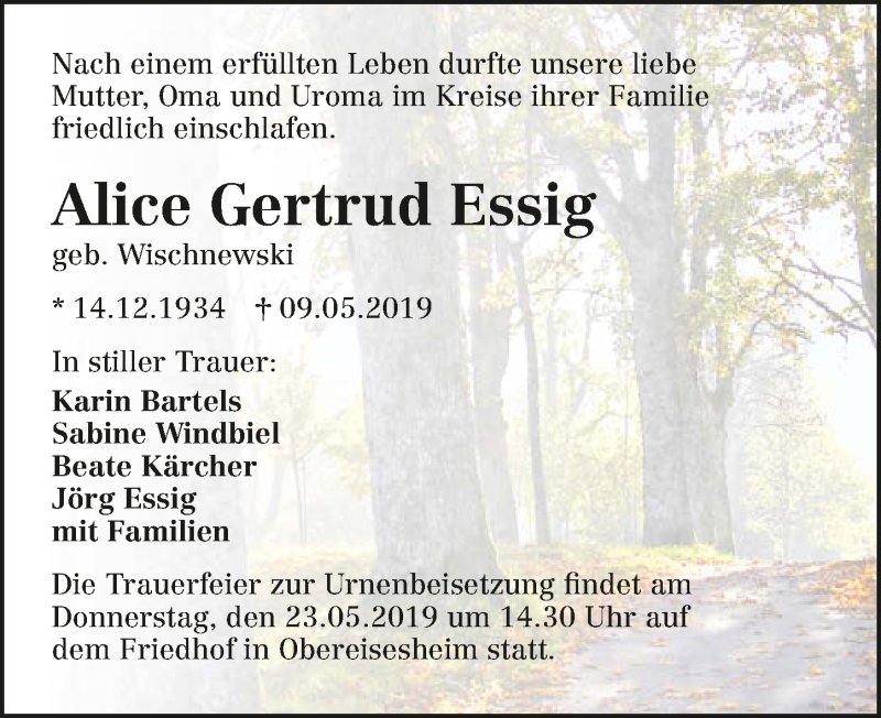  Traueranzeige für Alice Gertrud Essig vom 18.05.2019 aus 