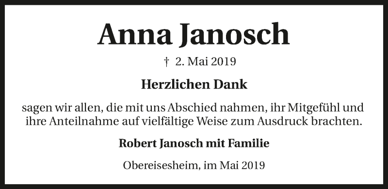  Traueranzeige für Anna Janosch vom 18.05.2019 aus 