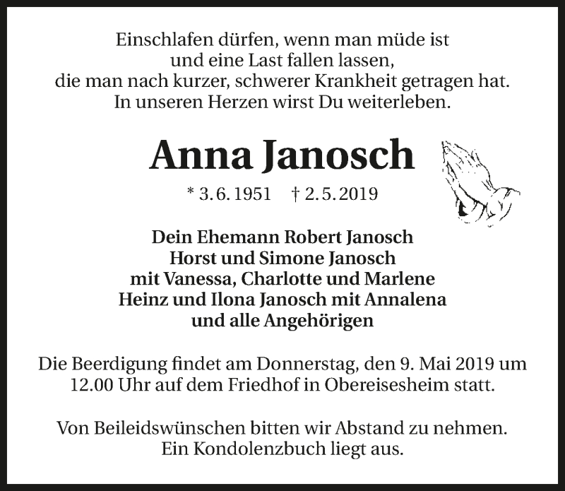  Traueranzeige für Anna Janosch vom 04.05.2019 aus 