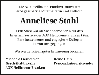 Traueranzeige von Anneliese Stahl 