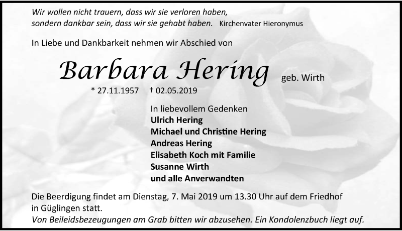 Traueranzeige für Barbara Hering vom 04.05.2019 aus 