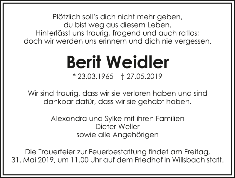  Traueranzeige für Berit Weidler vom 28.05.2019 aus 