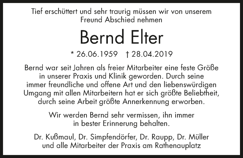  Traueranzeige für Bernd Elter vom 15.05.2019 aus 