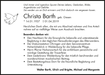 Traueranzeige von Christa Barth 