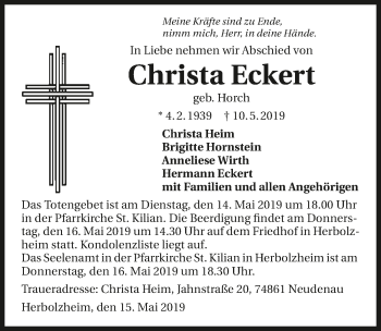 Traueranzeige von Christa Eckert 