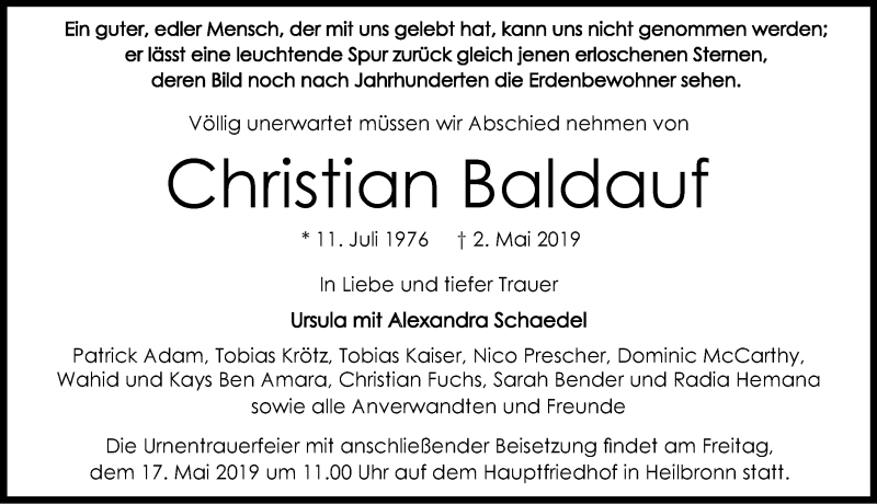  Traueranzeige für Christian Baldauf vom 11.05.2019 aus 