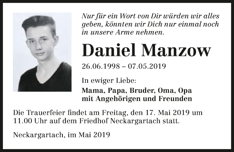  Traueranzeige für Daniel Manzow vom 11.05.2019 aus 