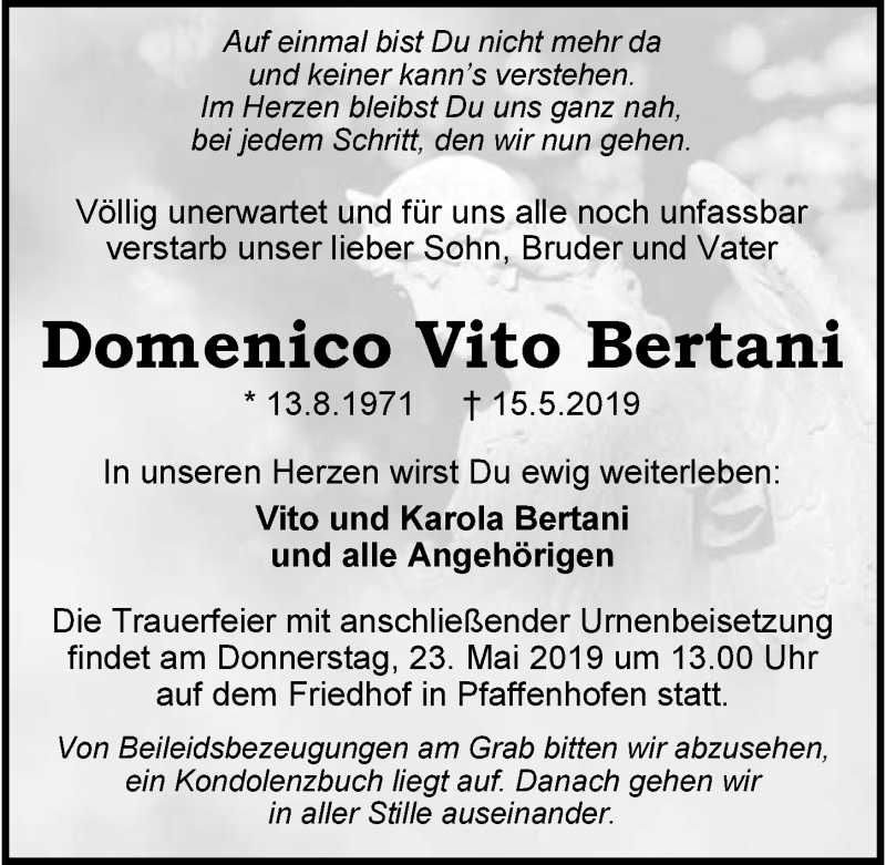  Traueranzeige für Domenico Vito Bertani vom 18.05.2019 aus 