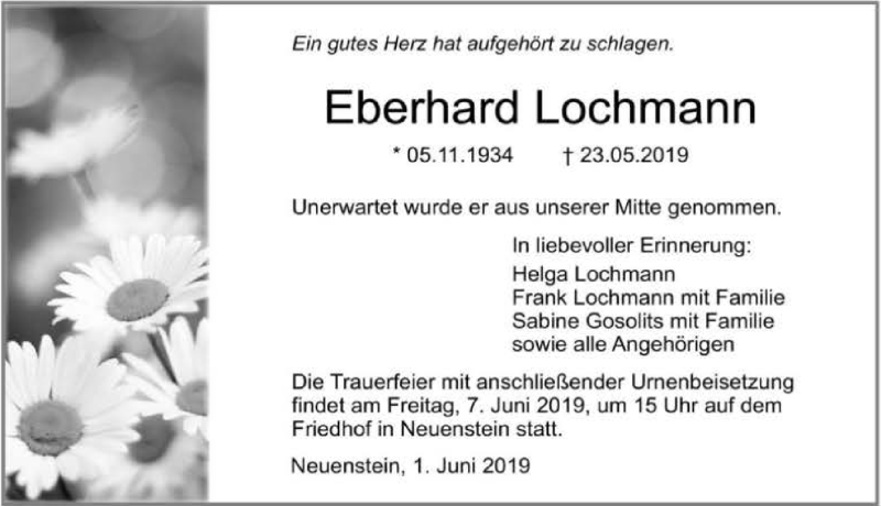  Traueranzeige für Eberhard Lochmann vom 01.06.2019 aus 