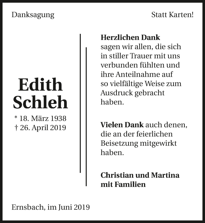  Traueranzeige für Edith Schleh vom 01.06.2019 aus 