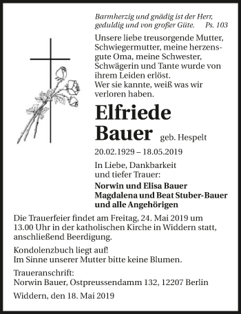 Traueranzeige von Elfriede Bauer 