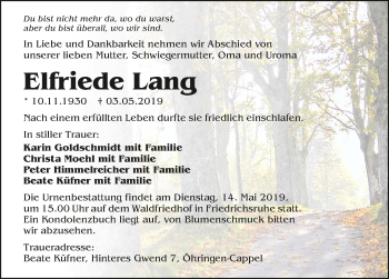 Traueranzeige von Elfriede Lang 