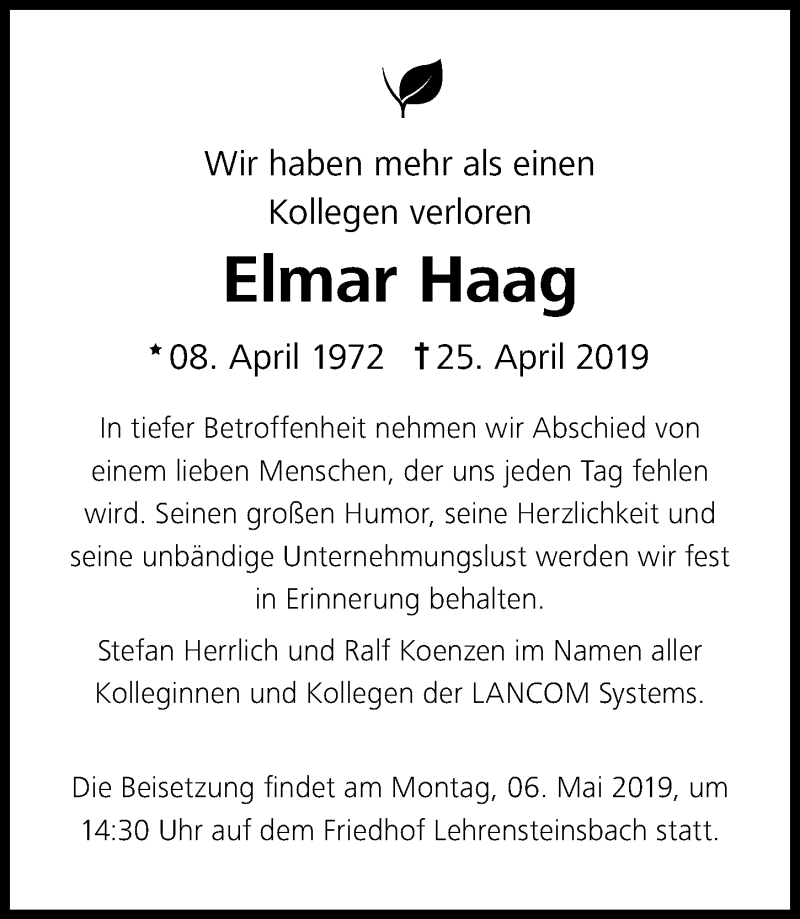  Traueranzeige für Elmar Haag vom 04.05.2019 aus 