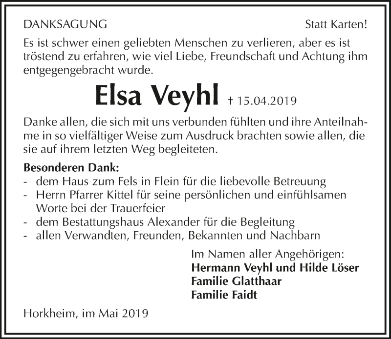  Traueranzeige für Elsa Veyhl vom 11.05.2019 aus 