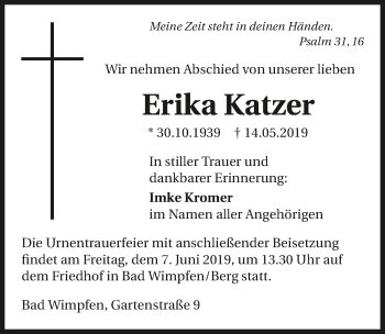 Traueranzeige von Erika Katzer 