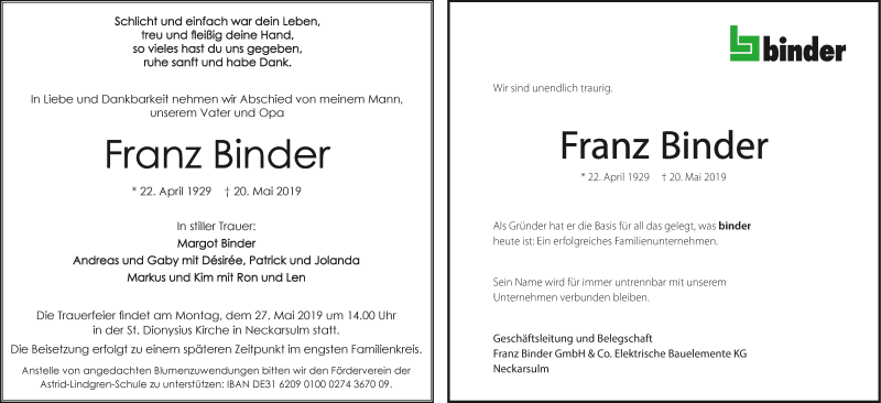  Traueranzeige für Franz Binder vom 23.05.2019 aus 