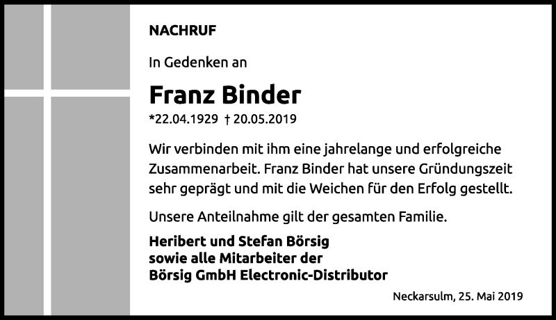  Traueranzeige für Franz Binder vom 25.05.2019 aus 