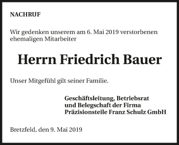 Traueranzeige von Friedrich Bauer 
