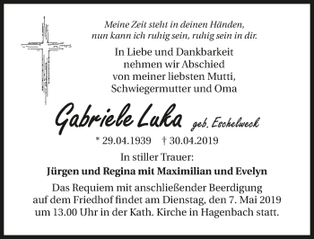 Traueranzeige von Gabriele Luka 