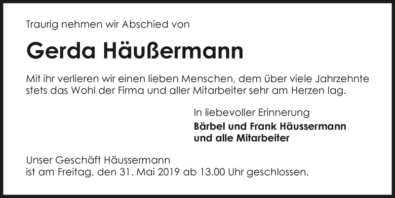  Traueranzeige für Gerda Häußermann vom 28.05.2019 aus 