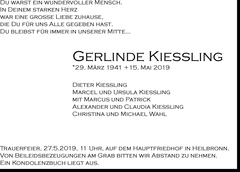  Traueranzeige für Gerlinde Kiessling vom 20.05.2019 aus 