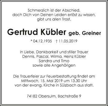 Traueranzeige von Gertrud Kübler 