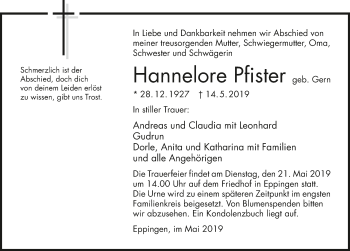 Traueranzeige von Hannelore Pfister 
