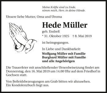 Traueranzeige von Hede Müller 