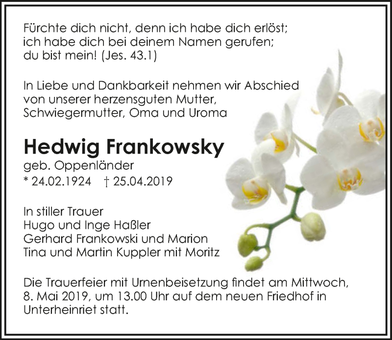  Traueranzeige für Hedwig Frankowsky vom 04.05.2019 aus 