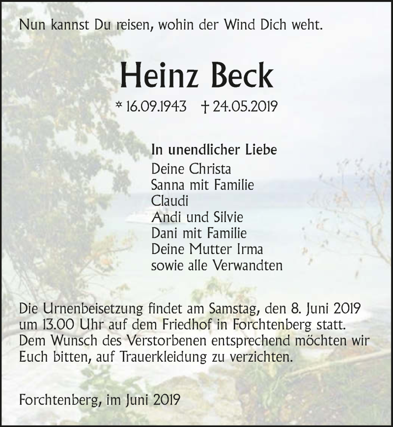  Traueranzeige für Heinz Beck vom 01.06.2019 aus 